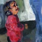 Painting of photo of young Honduran girl watching as mother is given pat down by border patrol