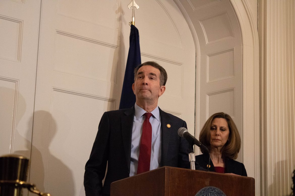 Gov. Ralph Northam speaks at a Feb. 2 press conference in response to the discovery of the racist photo in his medical school yearbook, alongside Virginia first lady Pamela Northam. Photo by Georgia Geen