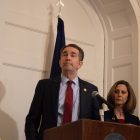 Gov. Ralph Northam speaks at a Feb. 2 press conference in response to the discovery of the racist photo in his medical school yearbook, alongside Virginia first lady Pamela Northam. Photo by Georgia Geen