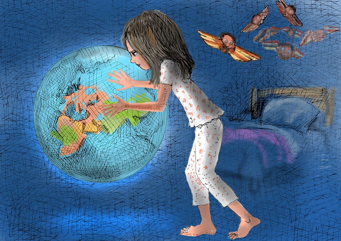 Young girl dreaming of touching giant globe of the world