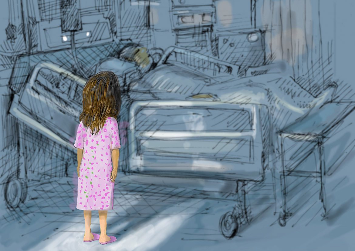 Young girl staring at hospital bed with patient in it