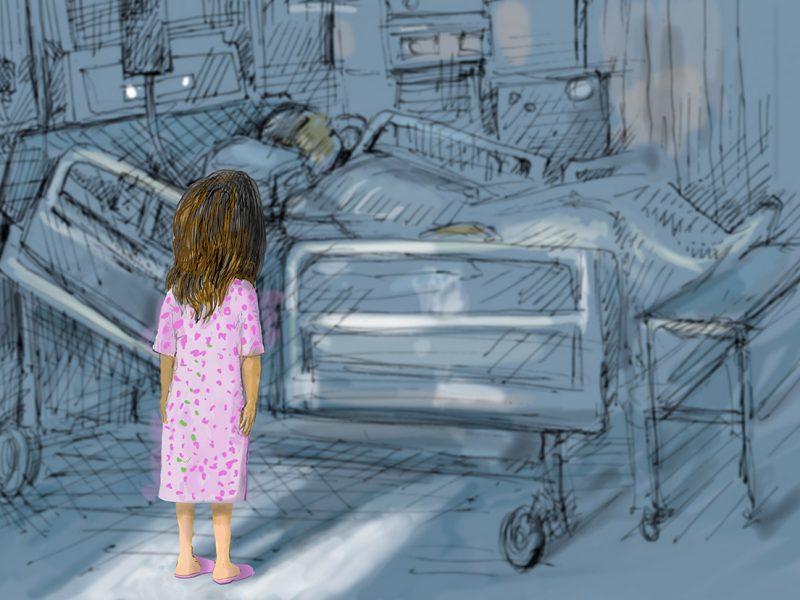 Young girl staring at hospital bed with patient in it