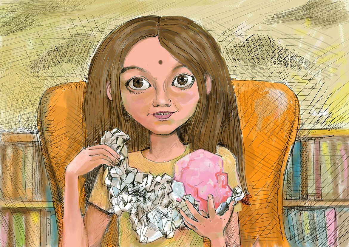 Illustration of young girl unwrapping foil and holding pink crystal