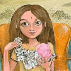 Illustration of young girl unwrapping foil and holding pink crystal