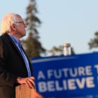 Bernie Sanders speaking at a rally