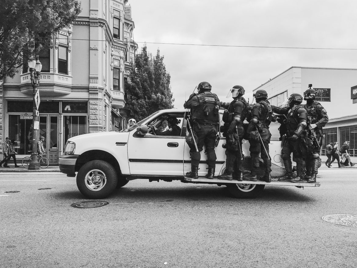 Police in Portland, OR at Proud Boys/Antifa riot