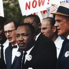 Dr. Martin Luther King, Jr. and Mathew Ahmann in a crowd of demonstrators at the March on Washington